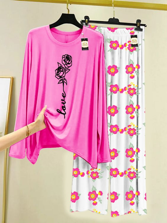 PInk Rose Love Printed Nightwear Set with Flower Printed Trousers – Women's Lounge Wear (005)