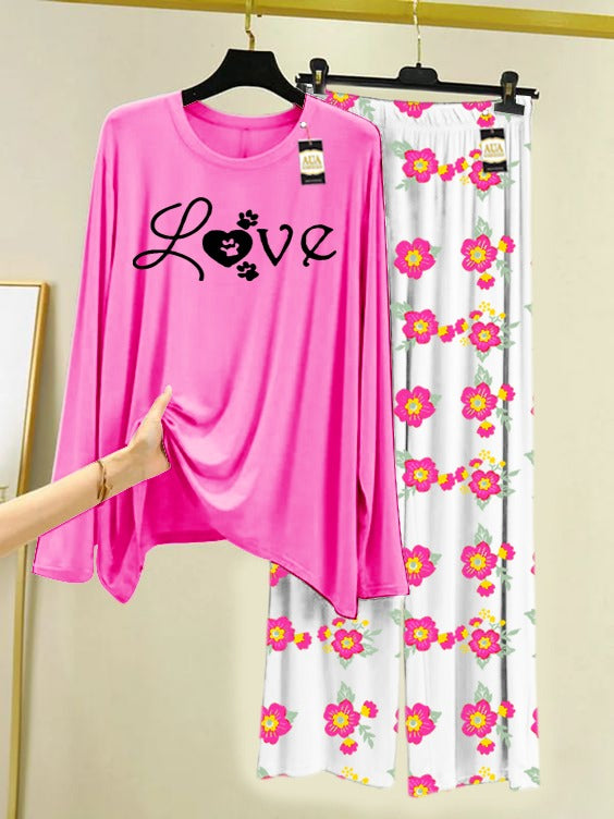 Pink Love Printed Nightwear Set with Flower Printed Trousers – Women's Lounge Wear (005)