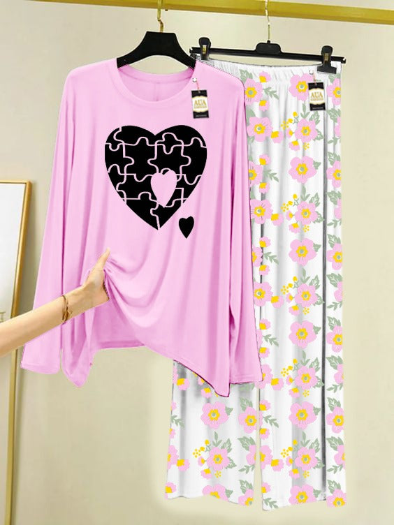 baby pink Puzzel Heart Printed Nightwear Set with Flower Printed Trousers – Women's Lounge Wear (005)