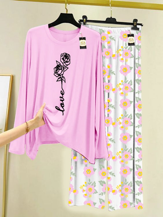 baby pink Rose Love Printed Nightwear Set with Flower Printed Trousers – Women's Lounge Wear (005)