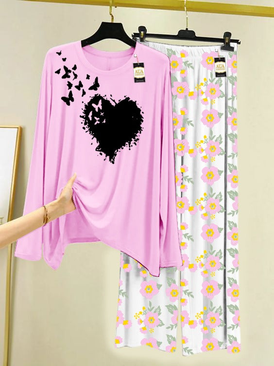 baby pink butterfly heart Printed Nightwear Set with Flower Printed Trousers – Women's Lounge Wear (005)