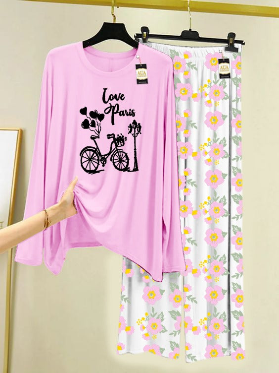Baby Pink LOve Paris Cycle Printed Nightwear Set with Flower Printed Trousers – Women's Lounge Wear (005)