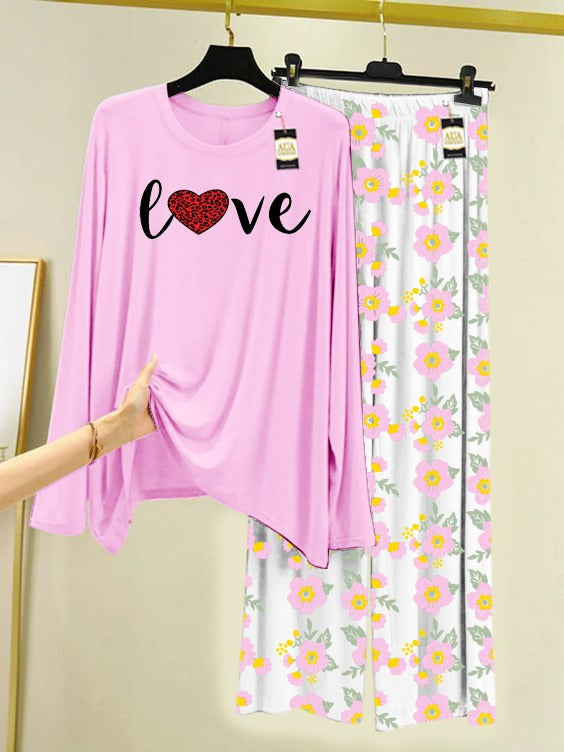 Baby Pink Red Heart Love Printed Nightwear Set with Flower Printed Trousers – Women's Lounge Wear (005)