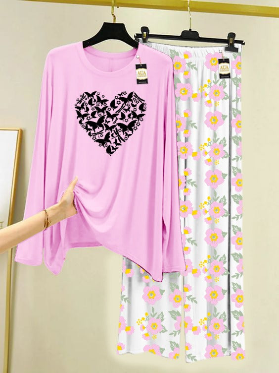 Baby Pink Butterfly Heart Printed Nightwear Set with Flower Printed Trousers – Women's Lounge Wear (005)