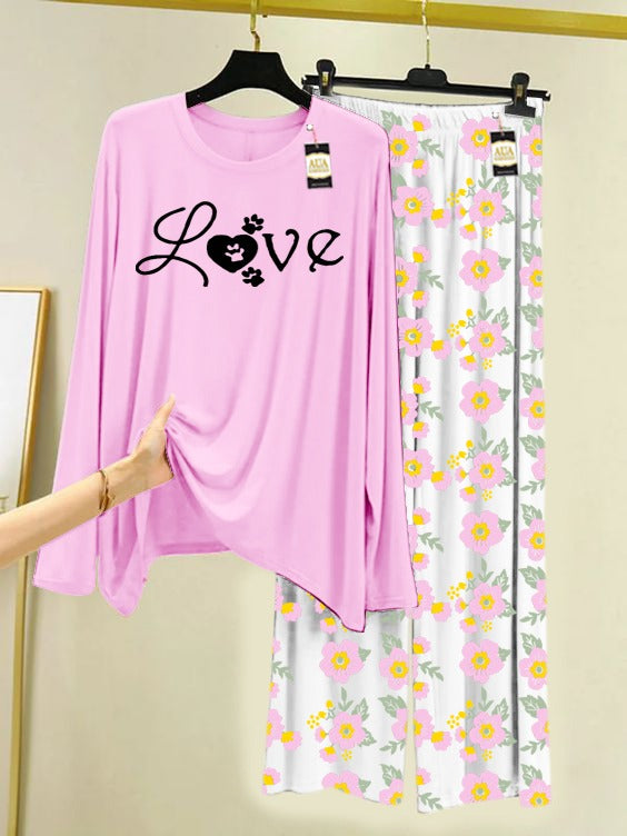 Baby pink Love Printed Nightwear Set with Flower Printed Trousers – Women's Lounge Wear (005)