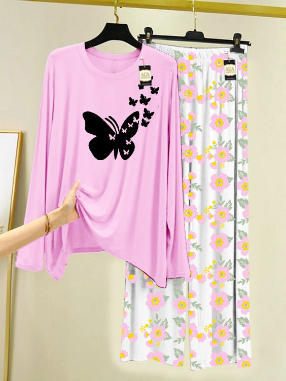 Baby pink Flying Butterfly Printed Nightwear Set with Flower Printed Trousers – Women's Lounge Wear (005)