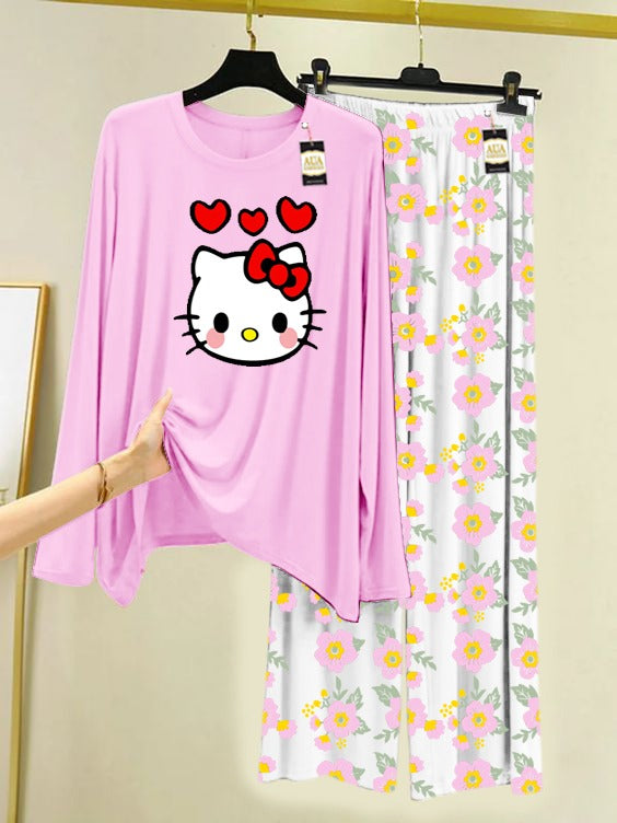 Baby Pink Hello Kitty Printed Nightwear Set with Flower Printed Trousers – Women's Lounge Wear (005)