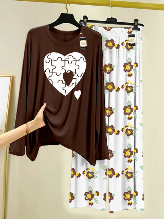 Dark Brown Puzzel Heart Printed Nightwear Set with Flower Printed Trousers – Women's Lounge Wear (005)