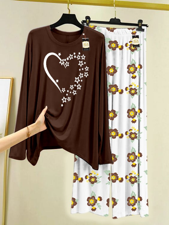 Dark brown Star Heart Printed Nightwear Set with Flower Printed Trousers – Women's Lounge Wear (005)