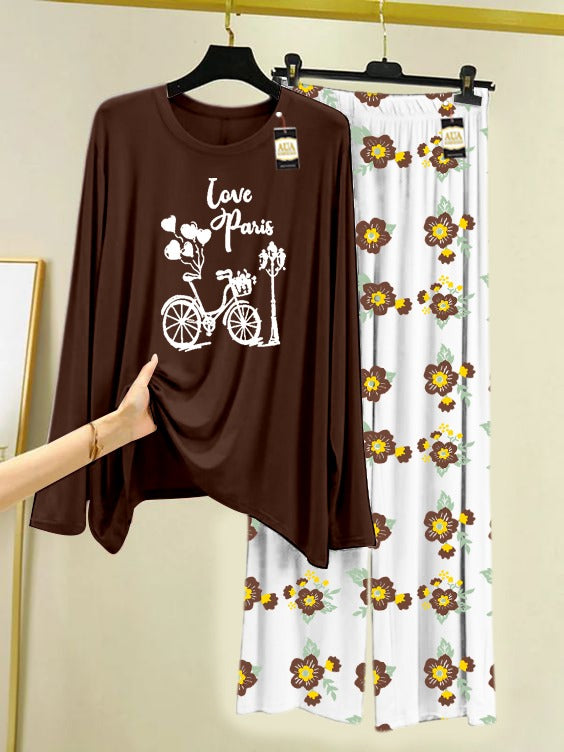 Dark brown Love Paris Cycle Printed Nightwear Set with Flower Printed Trousers – Women's Lounge Wear (005)