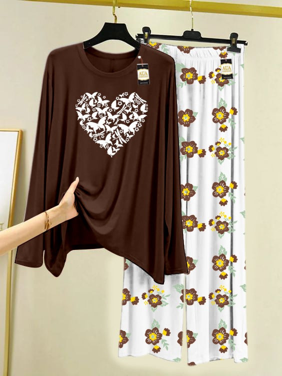 dark Brown Butterfly Heart Printed Nightwear Set with Flower Printed Trousers – Women's Lounge Wear (005)