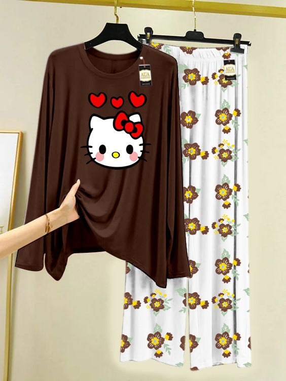 Dark Brown Kitty Printed Nightwear Set with Flower Printed Trousers – Women's Lounge Wear (005)