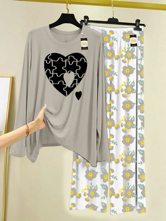 Grey Puzzel heart Printed Nightwear Set with Flower Printed Trousers – Women's Lounge Wear (005)