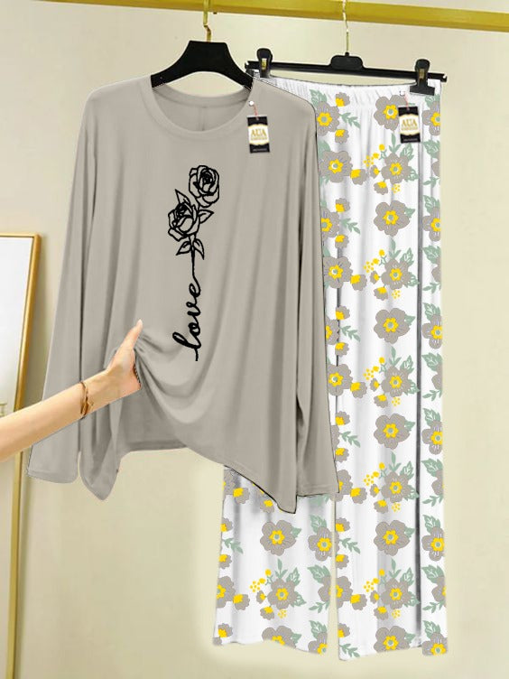 Grey Rose Love Printed Nightwear Set with Flower Printed Trousers – Women's Lounge Wear (005)