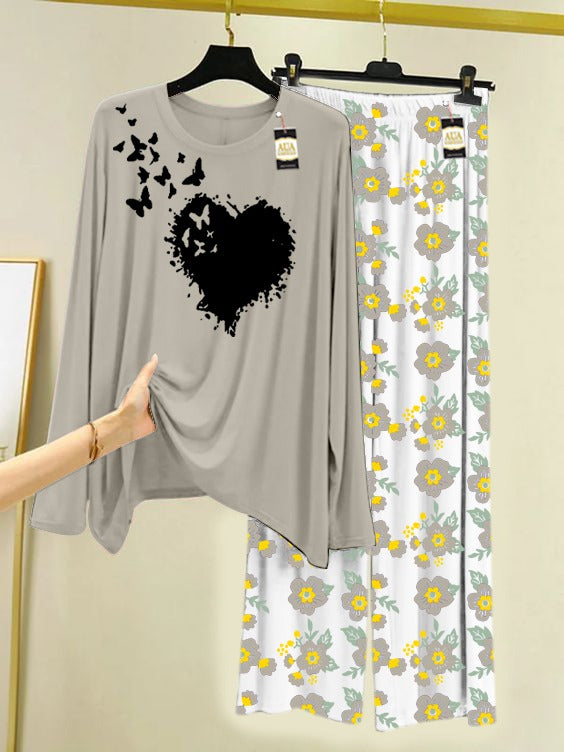 Grey Heart Butterfly Printed Nightwear Set with Flower Printed Trousers – Women's Lounge Wear (005)