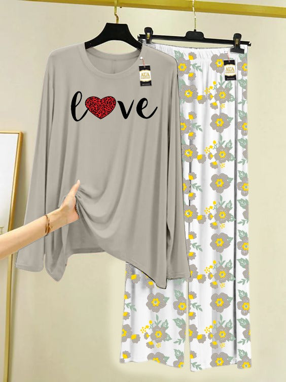 Grey Red heart Love Printed Nightwear Set with Flower Printed Trousers – Women's Lounge Wear (005)