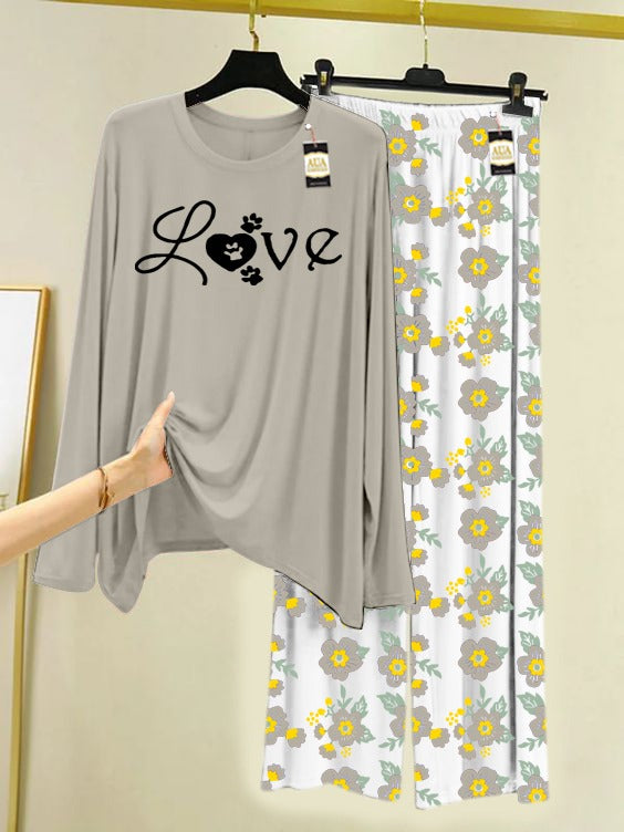 Grey Love Printed Nightwear Set with Flower Printed Trousers – Women's Lounge Wear (005)