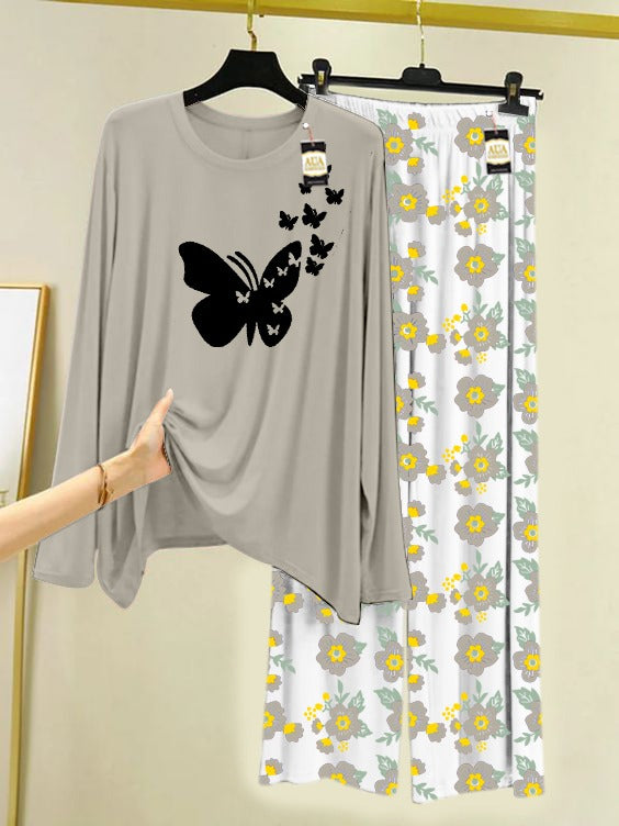 Grey Flying Butterflies Printed Nightwear Set with Flower Printed Trousers – Women's Lounge Wear (005)