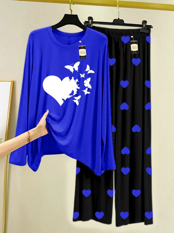 Navy Blue Heart ButterfliesPrinted Nightwear Set with Black Mini Heart Printed Trousers – Women's Lounge Wear (006)