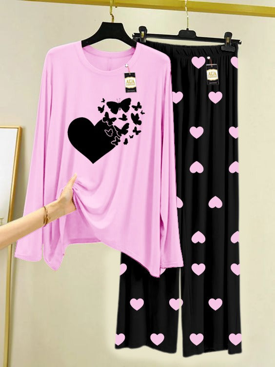 Baby Pink Heart Butterflies Printed Nightwear Set with Black Mini Heart Printed Trousers – Women's Lounge Wear (006)