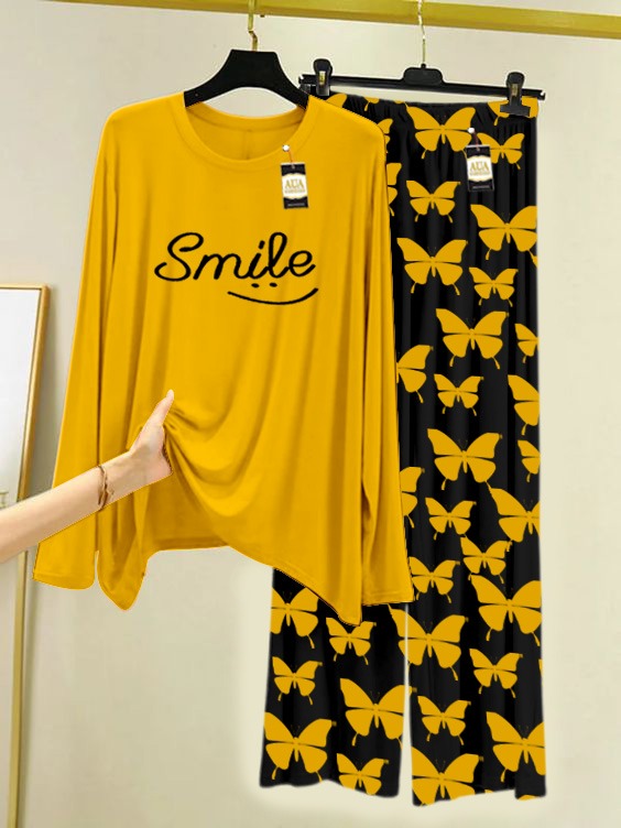 Yellow Smile Printed Nightwear Set With Black Butterfly Printed Trousers – Women's Lounge Wear (007)