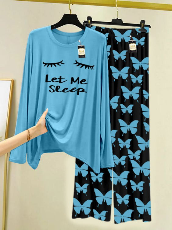 Sky Blue Let Me Sleep Printed Nightwear Set With Black Butterfly Printed Trousers – Women's Lounge Wear (007)