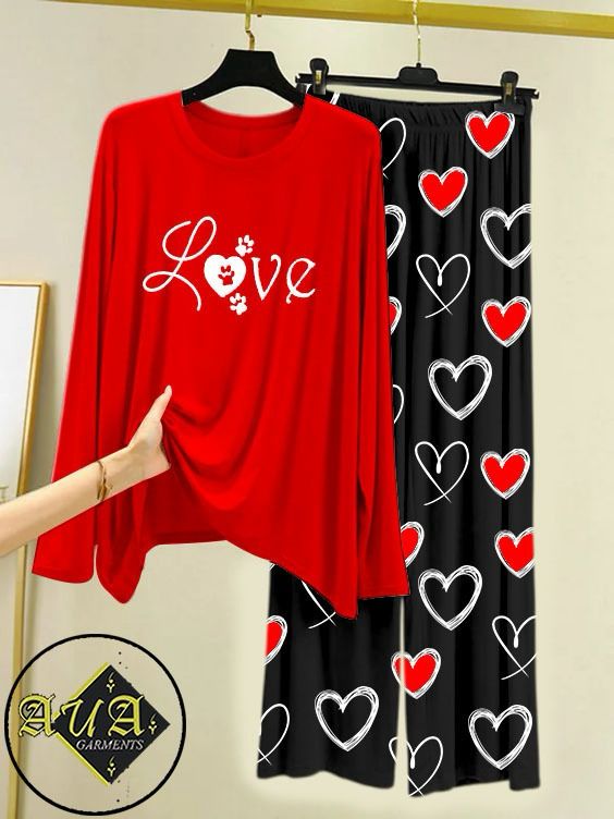 RED LOVE Heart Printed Trouser Lounge wear Nightwear Sleepwear With Heart Prinred Trouser For Women By Auagarments (004)
