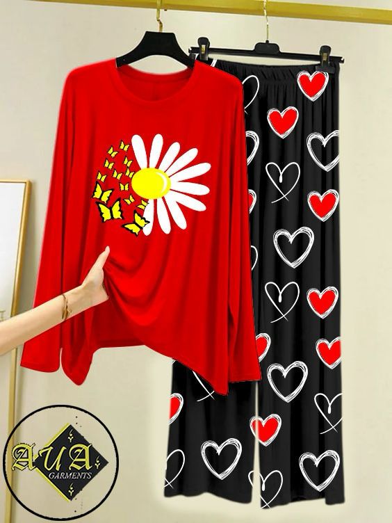 RED SUNFLOWER Heart Printed Trouser Lounge wear Nightwear Sleepwear With Heart Prinred Trouser For Women By Auagarments (004)