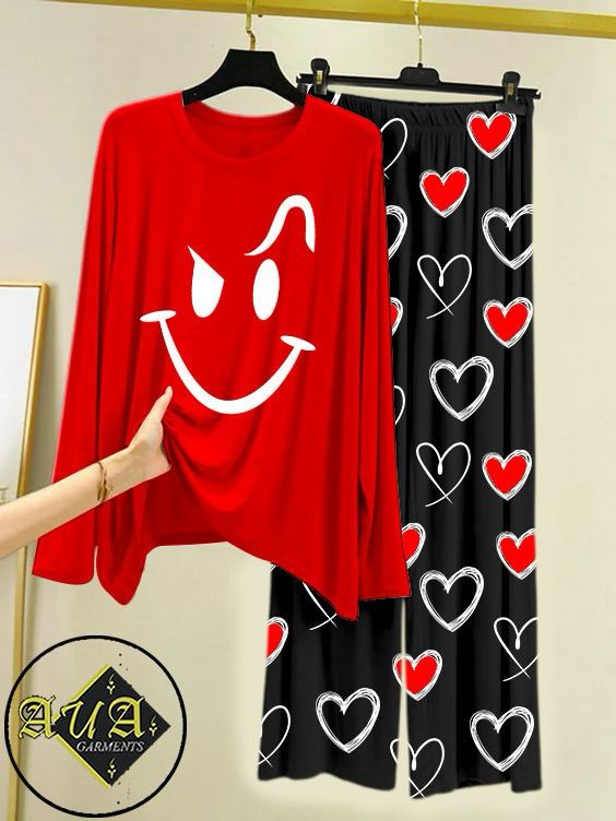 RED SMILE Heart Printed Trouser Lounge wear Nightwear Sleepwear With Heart Prinred Trouser For Women By Auagarments (004)