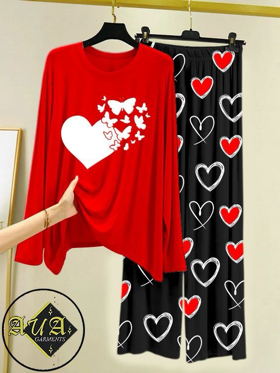 RED FLYING BUTTERFLY HEART Heart Printed Trouser Lounge wear Nightwear Sleepwear With Heart Prinred Trouser For Women By Auagarments (004)