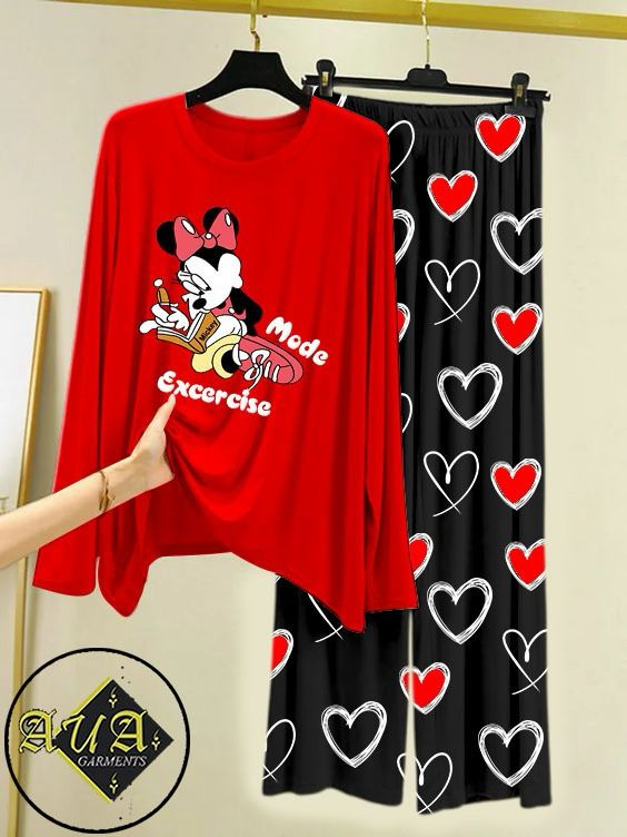 RED EXCERCISE MODE Heart Printed Trouser Lounge wear Nightwear Sleepwear With Heart Prinred Trouser For Women By Auagarments (004)