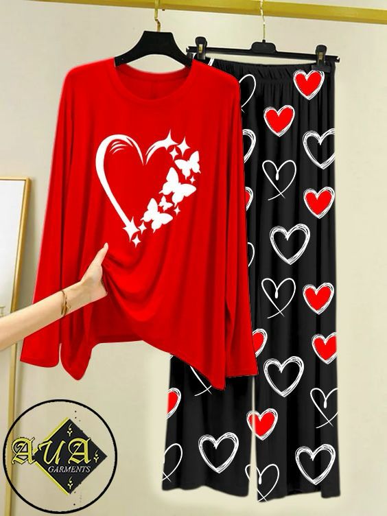 RED WOMEN HEART Heart Printed Trouser Lounge wear Nightwear Sleepwear With Heart Prinred Trouser For Women By Auagarments (004)