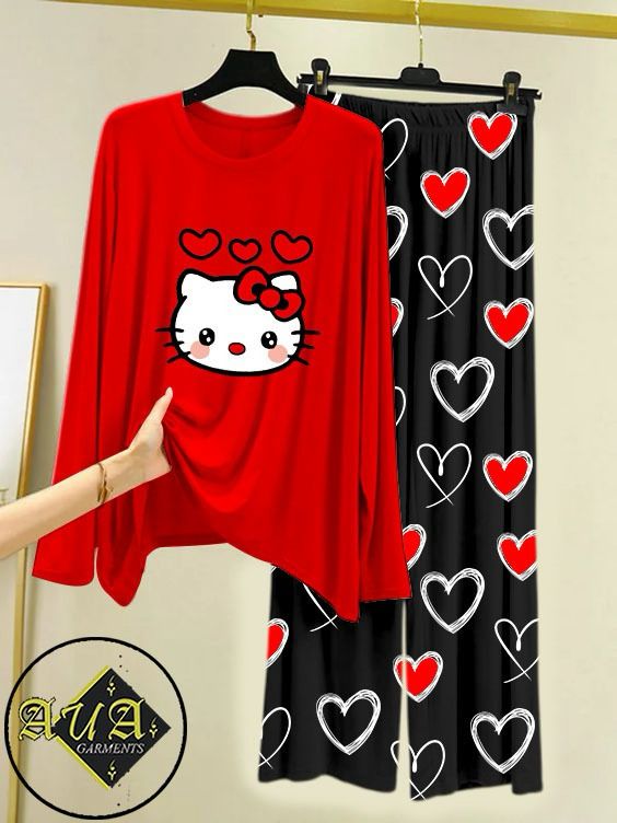 RED KITTY Heart Printed Trouser Lounge wear Nightwear Sleepwear With Heart Prinred Trouser For Women By Auagarments (004)