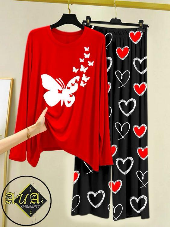 RED FLYING BUTTERFLY Heart Printed Trouser Lounge wear Nightwear Sleepwear With Heart Prinred Trouser For Women By Auagarments (004)