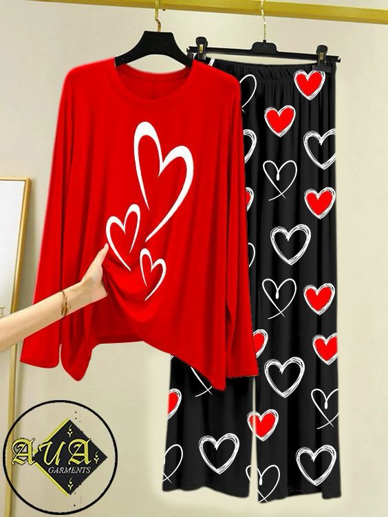 RED MULTI HEART Heart Printed Trouser Lounge wear Nightwear Sleepwear With Heart Prinred Trouser For Women By Auagarments (004)