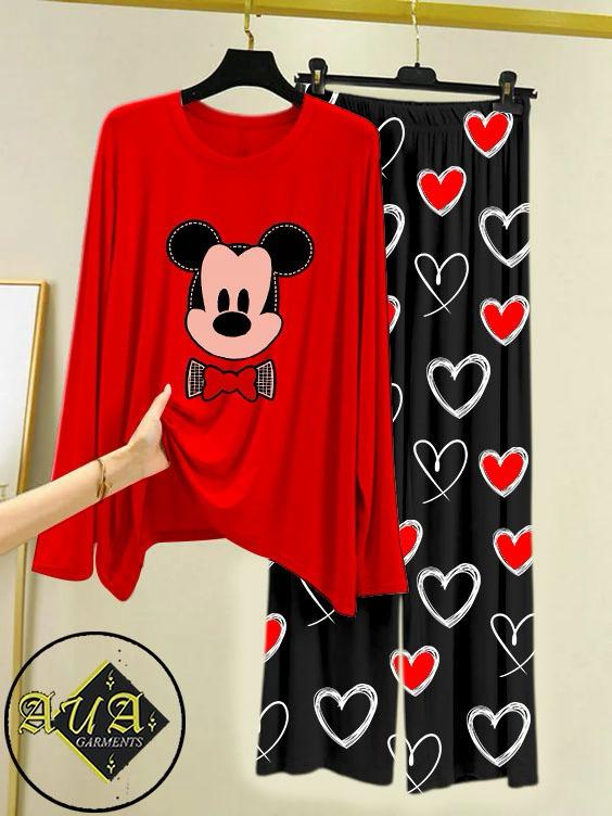 RED MICKEY FACE Heart Printed Trouser Lounge wear Nightwear Sleepwear With Heart Prinred Trouser For Women By Auagarments (004)