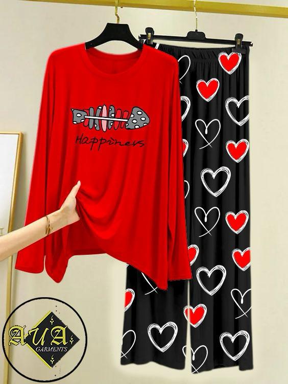 RED HAPPINESS Heart Printed Trouser Lounge wear Nightwear Sleepwear With Heart Prinred Trouser For Women By Auagarments (004)