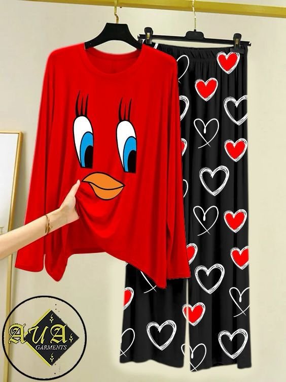 RED DAFFY Heart Printed Trouser Lounge wear Nightwear Sleepwear With Heart Prinred Trouser For Women By Auagarments (004)