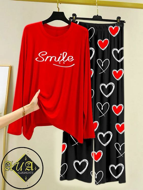 RED SMILE Heart Printed Trouser Lounge wear Nightwear Sleepwear With Heart Prinred Trouser For Women By Auagarments (004)