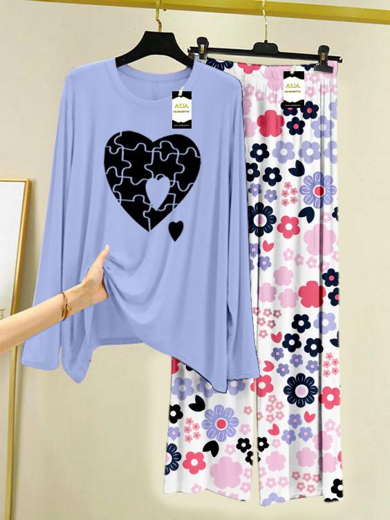 Light Blue Puzzle Heart Printed Nightwear Set with White Flower Printed Trousers – Women's Lounge Wear (008)