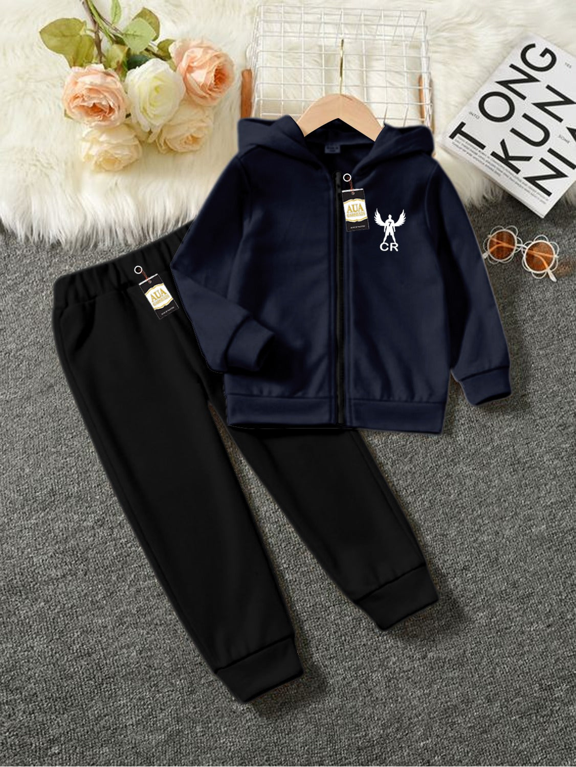 Navy Blue Cr 7 Printed Kid's Tracksuit Set with Zipper Hoodie and Trousers (1-10 Years)
