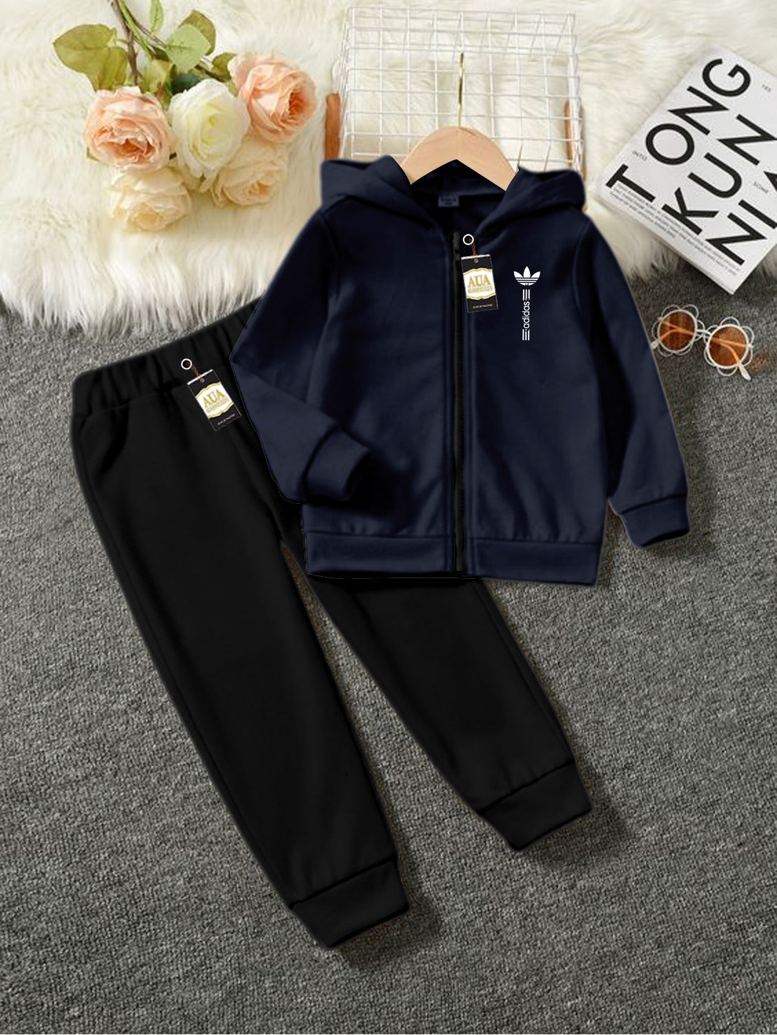 Navy Blue Adidas Printed Kid's Tracksuit Set with Zipper Hoodie and Trousers (1-10 Years)