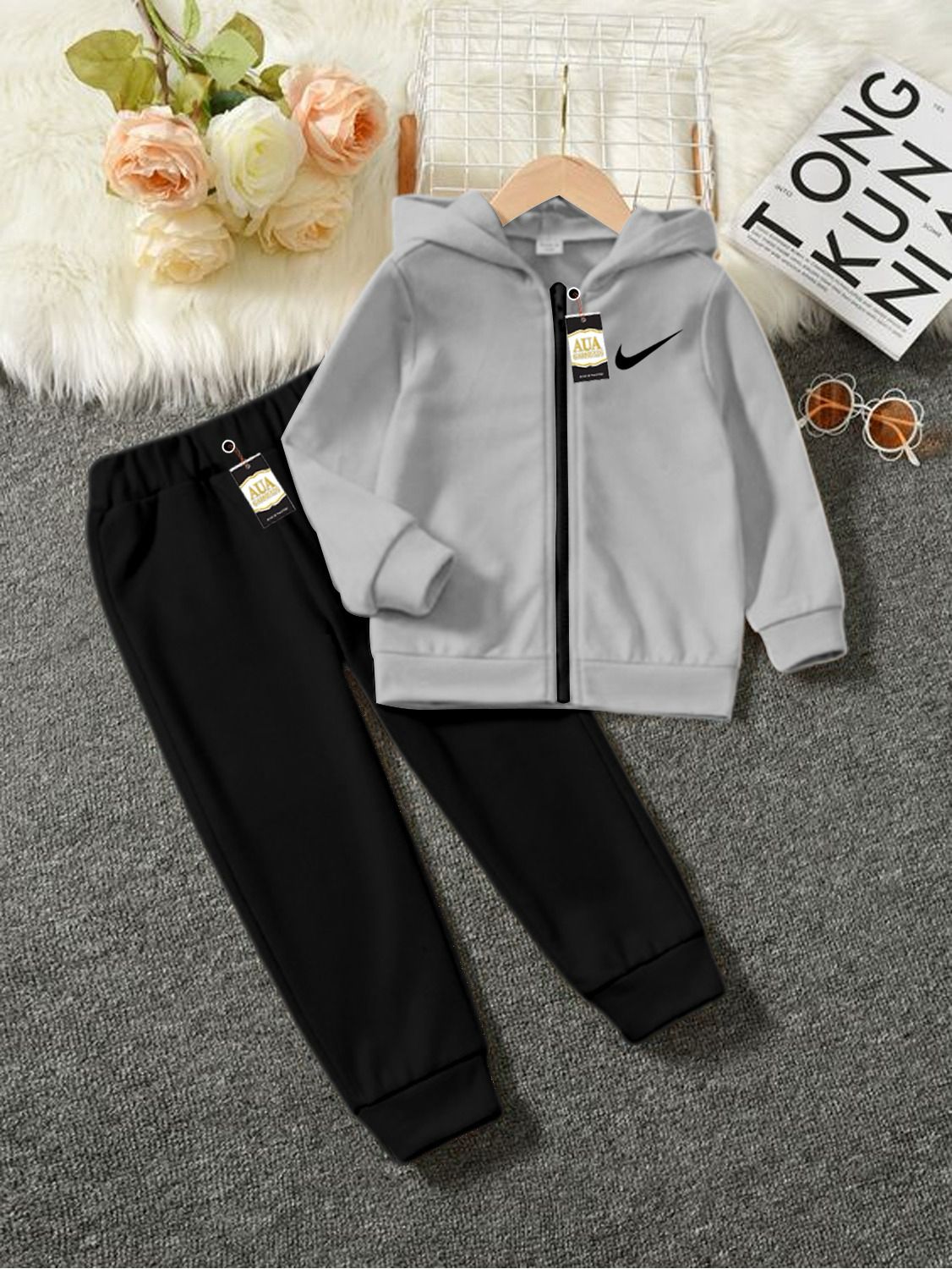 Grey Nike Printed Kid's Tracksuit Set with Zipper Hoodie and Trousers (1-10 Years)