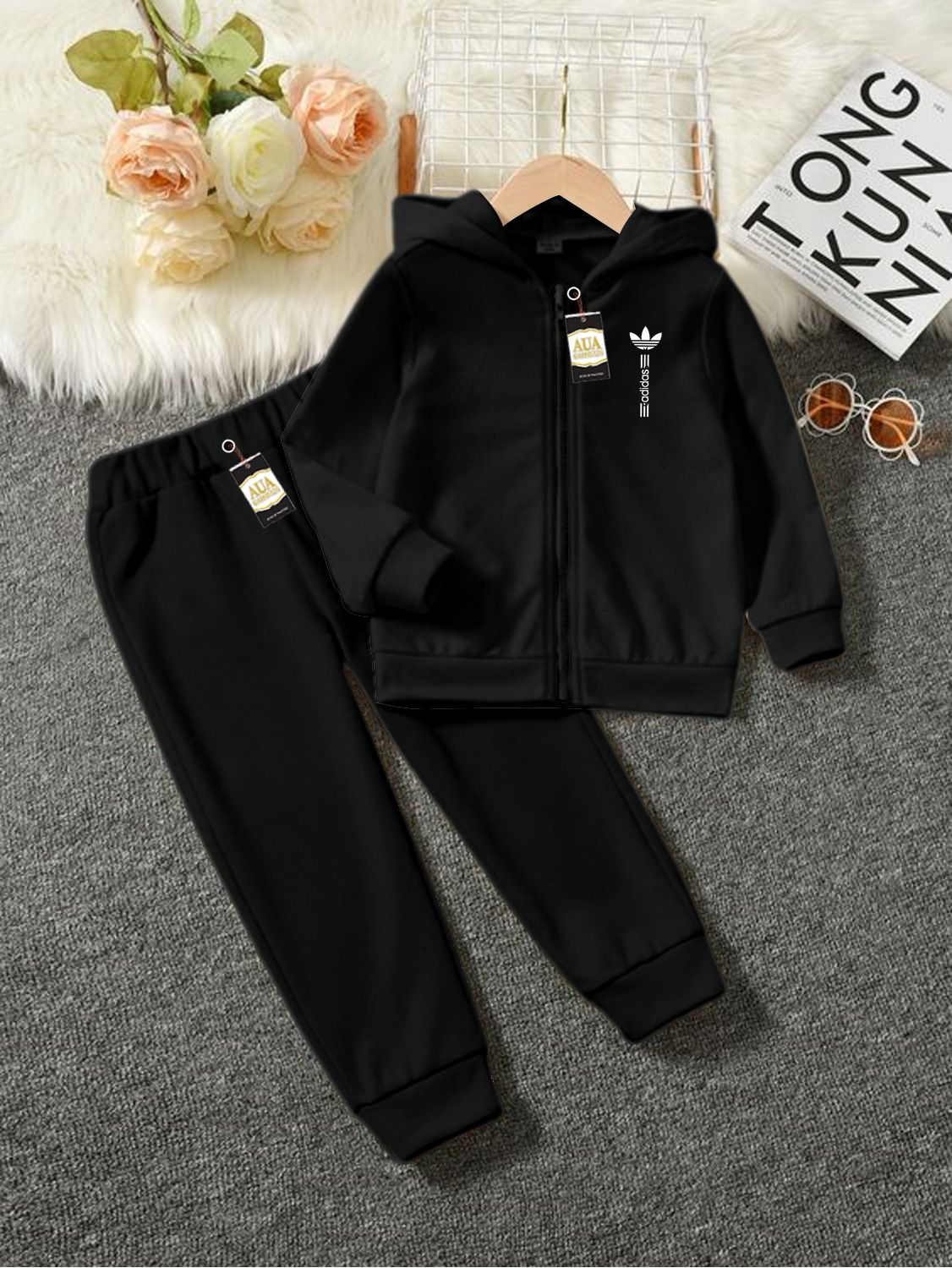Black Adidas Printed Kid's Tracksuit Set with Zipper Hoodie and Trousers (1-10 Years)
