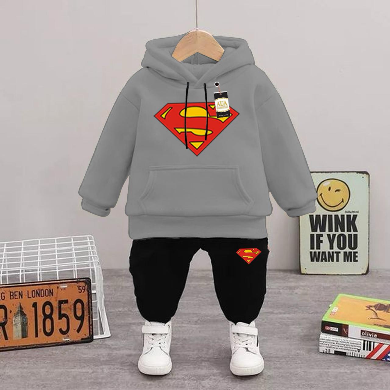 DARK GREY SUPERMAN Printed Kid's Tracksuit Set with Hoodie and Trousers (1-10 Years)