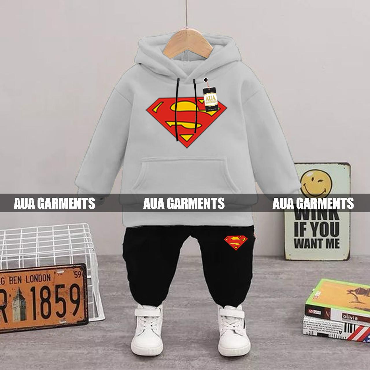 LIGHT GREY SUPERMAN Printed Kid's Tracksuit Set with Hoodie and Trousers (1-10 Years)