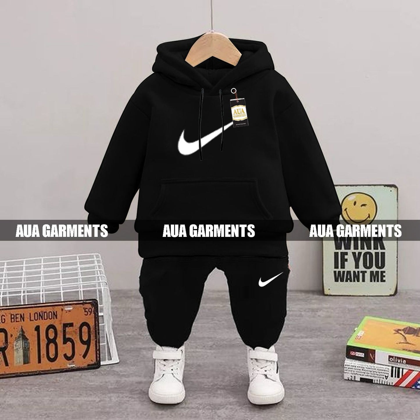 BLACK NIKE Printed Kid's Tracksuit Set with Hoodie and Trousers (1-10 Years)