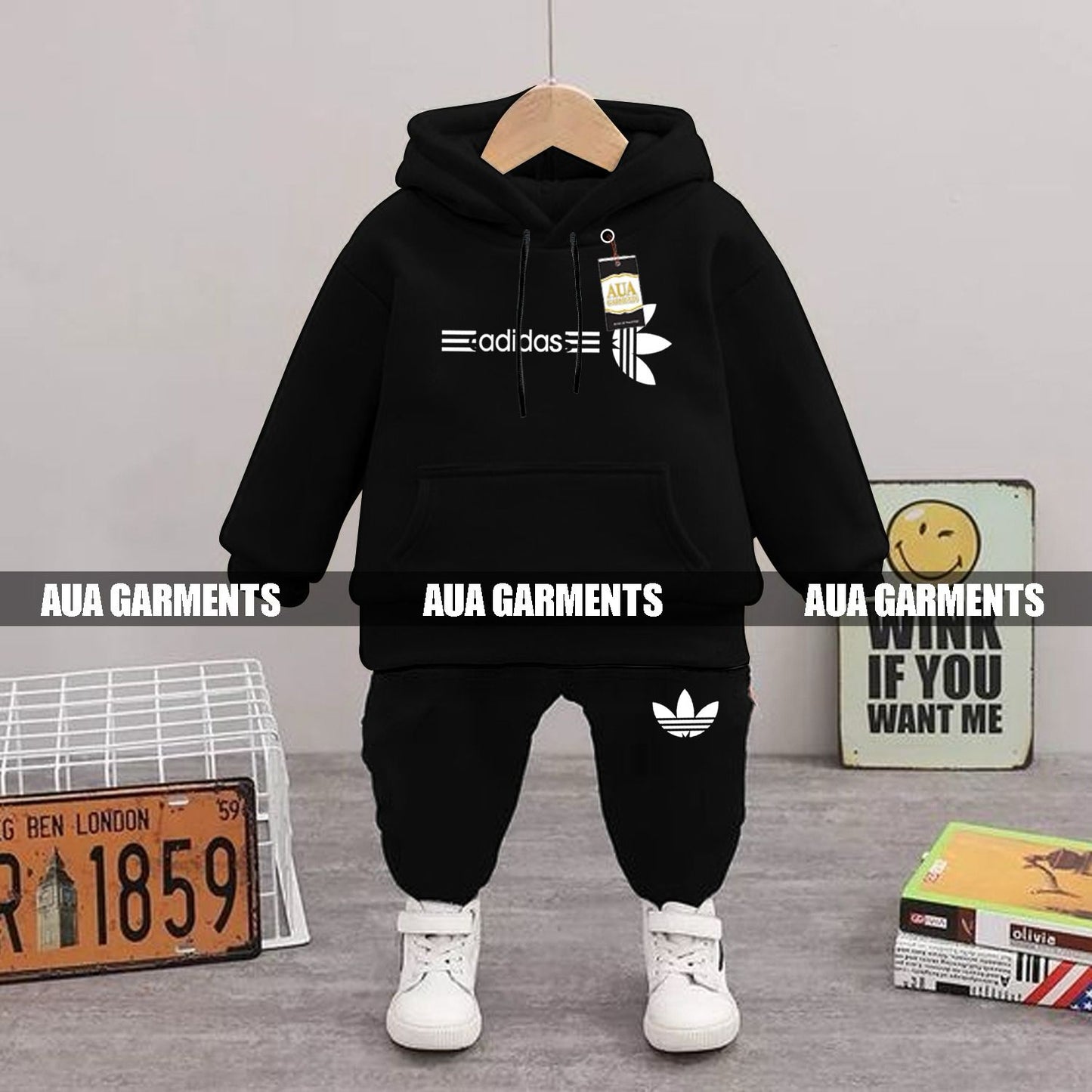 BLACK ADDIDAS Printed Kid's Tracksuit Set with Hoodie and Trousers (1-10 Years)