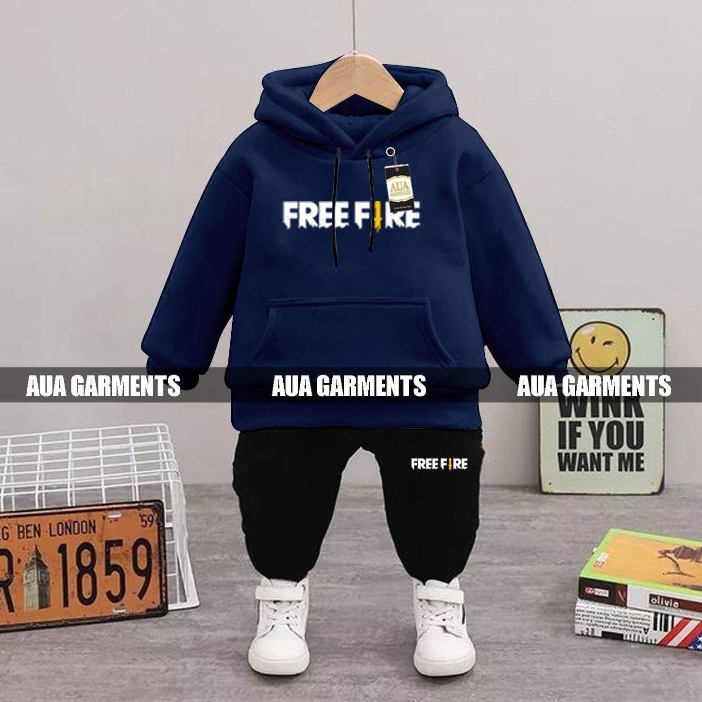 NAVY BLUE FREE FIRE Printed Kid's Tracksuit Set with Hoodie and Trousers (1-10 Years)
