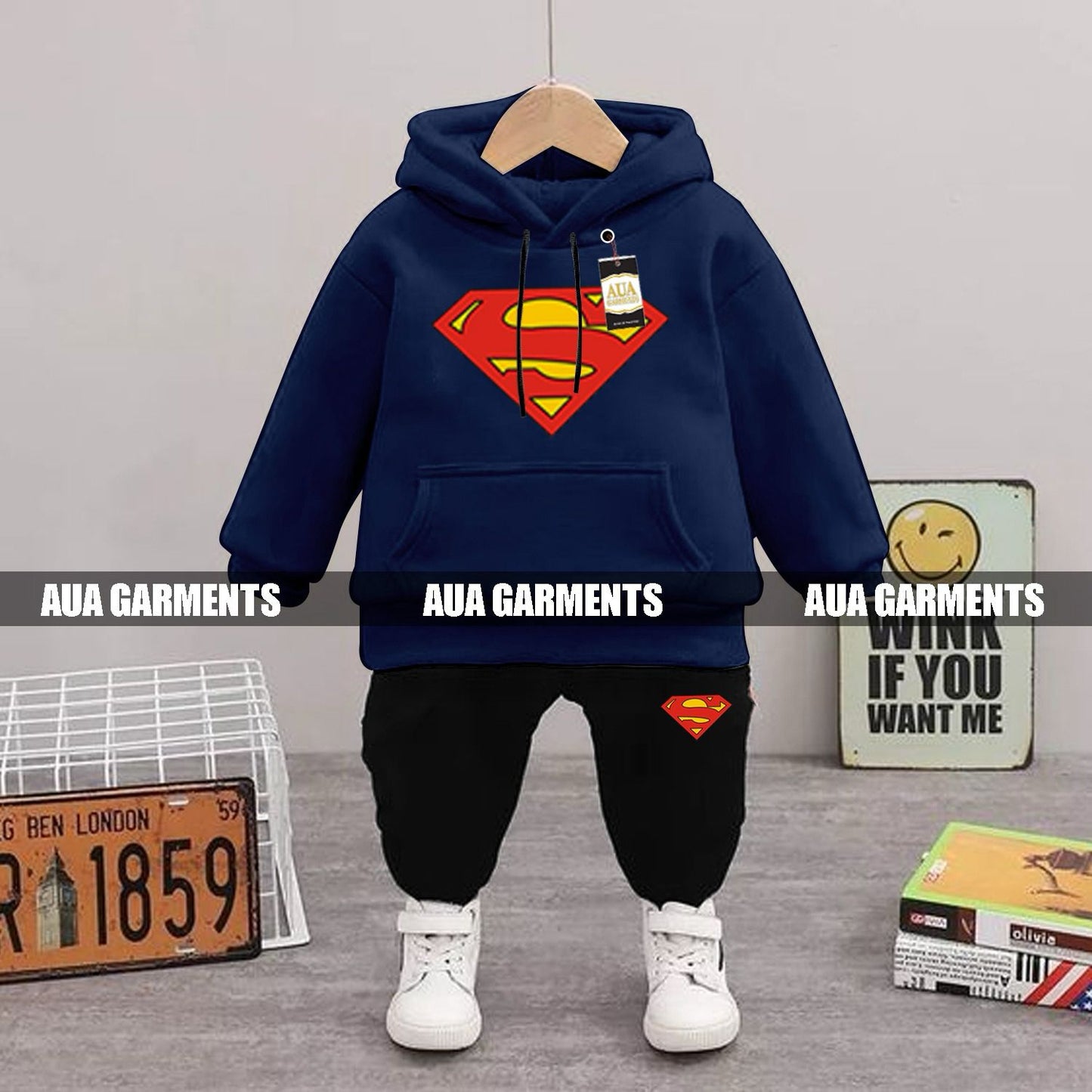 NAVY BLUE SUPERMAN Printed Kid's Tracksuit Set with Hoodie and Trousers (1-10 Years)